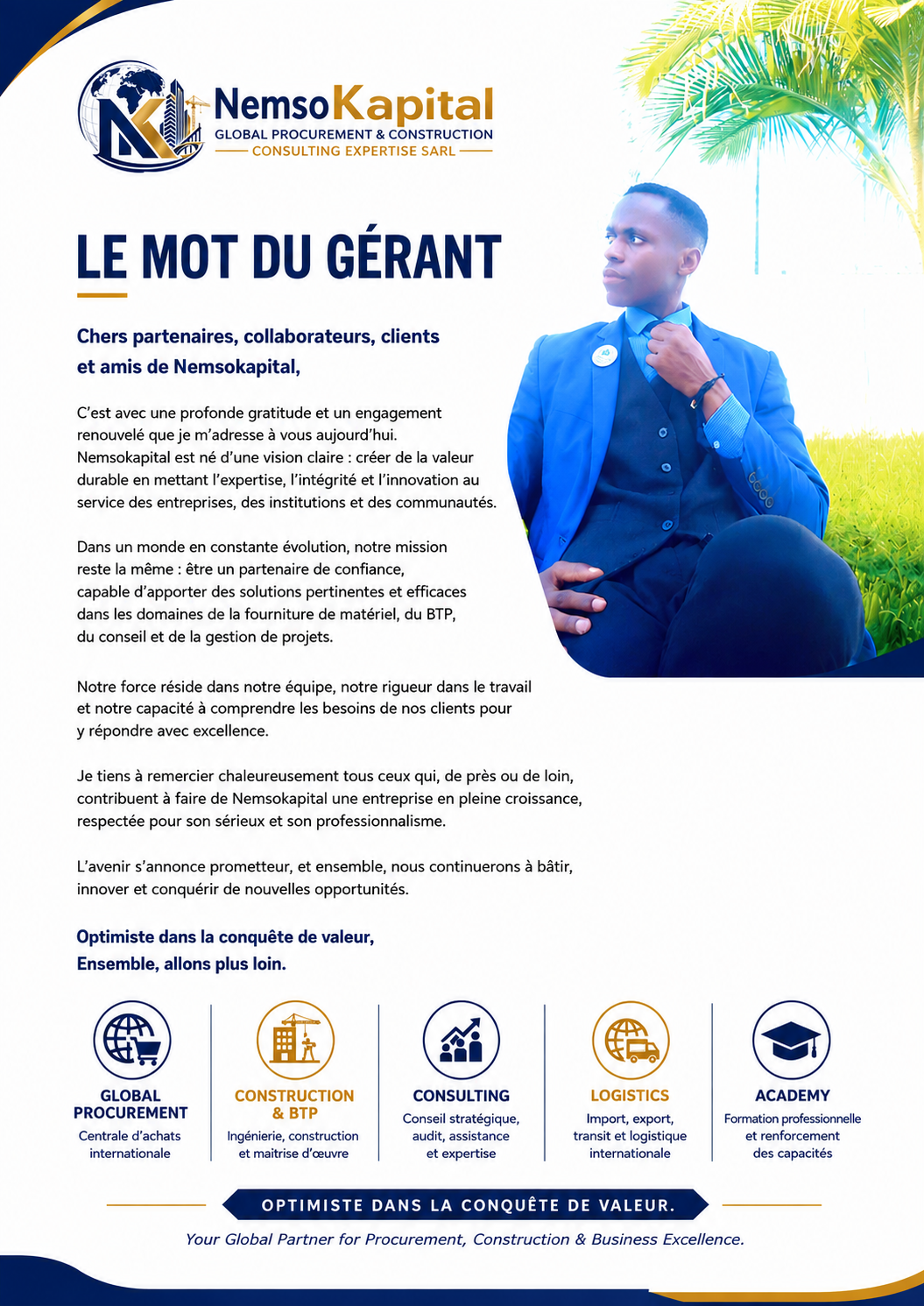 Le mot du dirigeant de NemsoKapital — message du gérant à ses partenaires, collaborateurs et clients